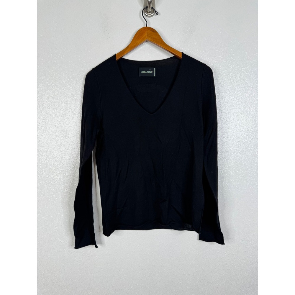 Zadig & Voltaire Black Studded Skull Back V-Neck Long Sleeve Top Knit Sweater